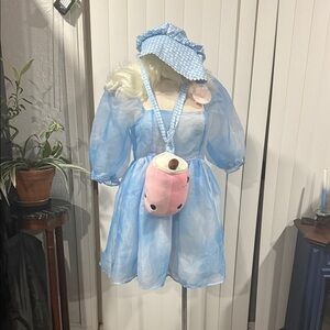 Blue Baby Costume Dress with Sunbonnet and Blonde Costume Wig w, plushie